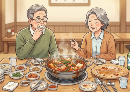회 식사 뒤 식탁에 놓인 얼큰한 매운탕 냄비