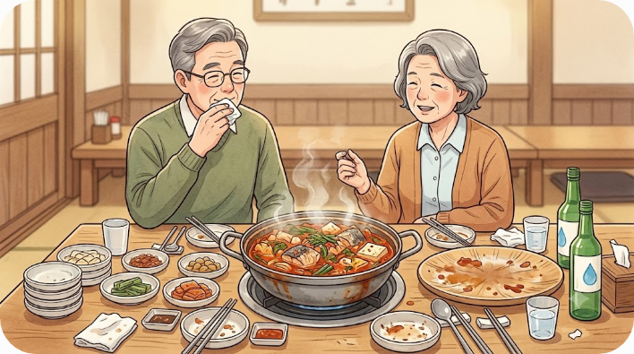 회 식사 뒤 식탁에 놓인 얼큰한 매운탕 냄비
