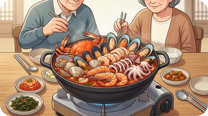 꽃게와 조개, 새우, 낙지가 넉넉히 담긴 해물탕