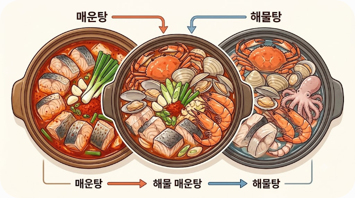 매운탕과 해물탕 사이에 해물매운탕이 겹치는 모습