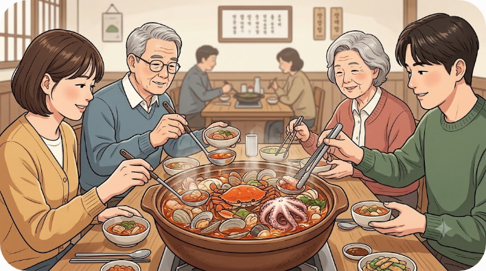 여러 사람이 큰 해물탕 냄비를 함께 나누는 식당 장면