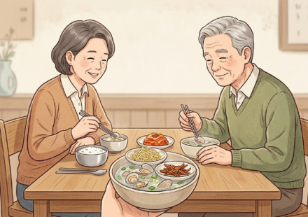 백반상에 놓인 맑은 조개국과 작은 바지락