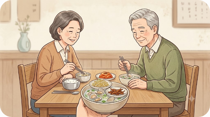백반상에 놓인 맑은 조개국과 작은 바지락