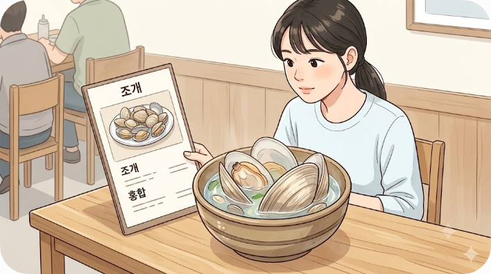 조개국 메뉴판과 실제 조개 국물이 함께 놓인 식당 장면