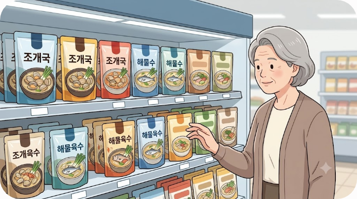 마트 냉장 코너에 놓인 여러 종류의 조개 국물 간편식