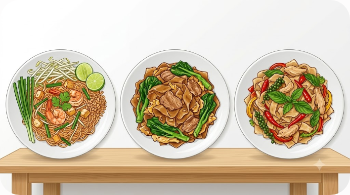 팟타이 팟씨유 팟키마오의 대표적인 맛과 고명을 비교한 삽화
