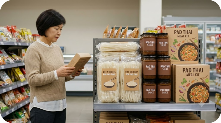 마트 식품 코너에 진열된 팟타이 면과 소스와 조리 세트