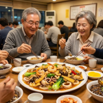 중식당 식탁 가운데 놓인 새우와 채소가 풍성한 팔보채