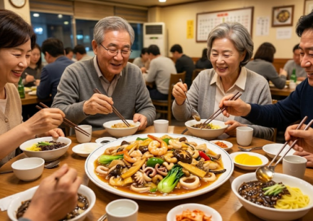 중식당 식탁 가운데 놓인 새우와 채소가 풍성한 팔보채