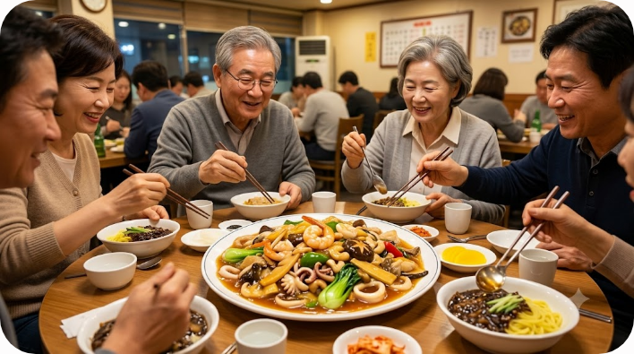 중식당 식탁 가운데 놓인 새우와 채소가 풍성한 팔보채