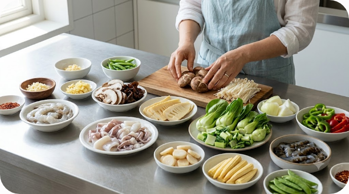 새우 오징어 버섯 죽순과 채소가 함께 놓인 팔보채 재료