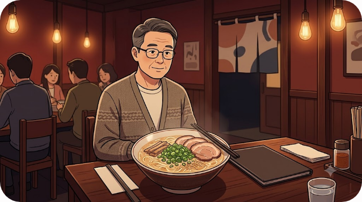 라멘집 메뉴판 옆에 놓인 뽀얀 돈코츠라멘 한 그릇