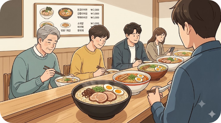 여러 라멘 메뉴 가운데 돈코츠라멘이 앞에 놓인 주문 장면