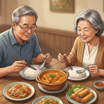 태국 음식점 식탁에 밥과 함께 놓인 주황빛 레드커리