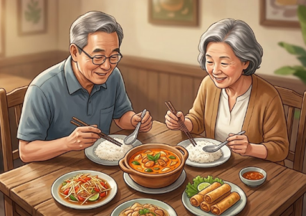 태국 음식점 식탁에 밥과 함께 놓인 주황빛 레드커리