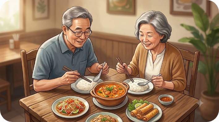 태국 음식점 식탁에 밥과 함께 놓인 주황빛 레드커리