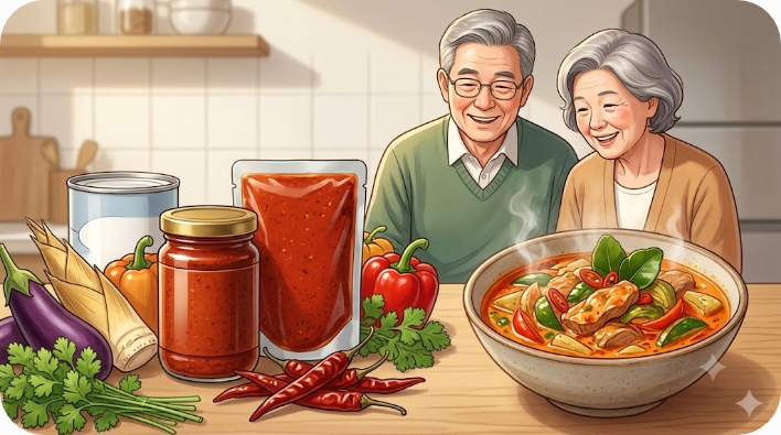 레드커리 페이스트와 코코넛 밀크 재료가 놓인 식품 코너 장면