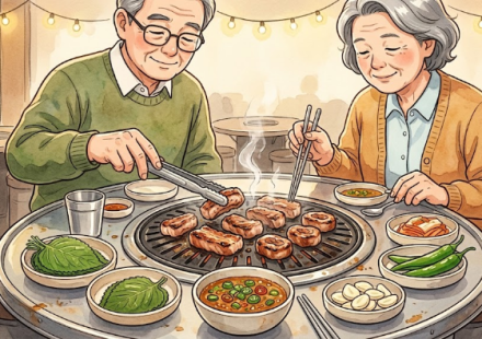 대구 막창 식당 불판에서 돼지막창을 굽는 장면