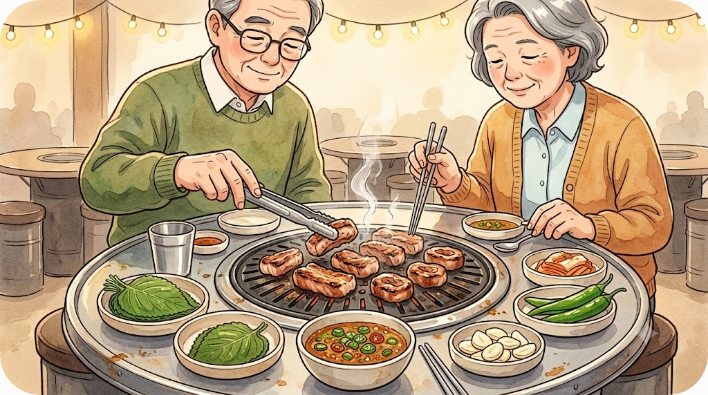 대구 막창 식당 불판에서 돼지막창을 굽는 장면