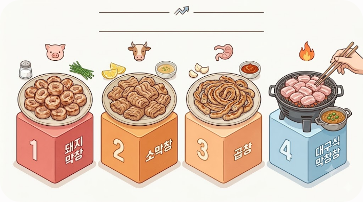 돼지막창 소막창 곱창 대구식 막창의 차이를 보여 주는 삽화