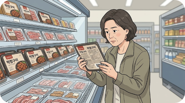 마트 냉장 코너에 진열된 포장 막창 상품