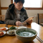겨울 식당 식탁에 놓인 짙은 초록빛 매생이국