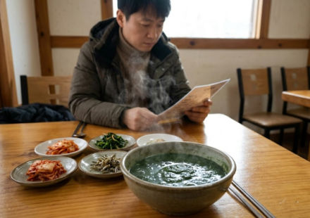 겨울 식당 식탁에 놓인 짙은 초록빛 매생이국