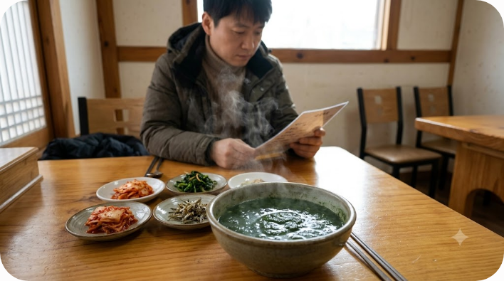 겨울 식당 식탁에 놓인 짙은 초록빛 매생이국