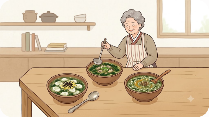 매생이국과 매생이떡국 등 여러 매생이 음식이 놓인 식탁