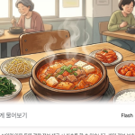 백반집 식탁에 놓인 돼지고기 김치찌개와 반찬