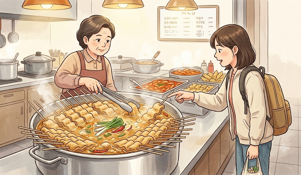 오뎅 이름 뜻 분식집 냄비의 어묵꼬치를 가리켜 주문하는 장면