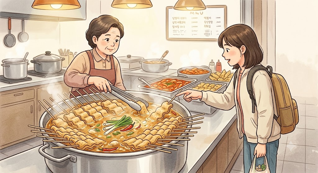 오뎅 이름 뜻 분식집 냄비의 어묵꼬치를 가리켜 주문하는 장면