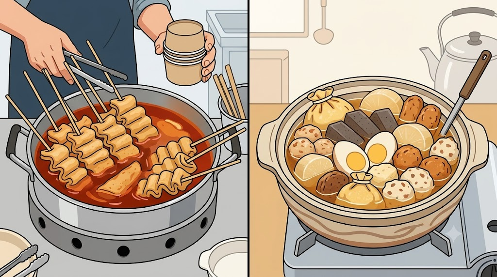 오뎅 이름 뜻 한국식 어묵꼬치와 일본식 오덴 재료 구성을 비교한 그림