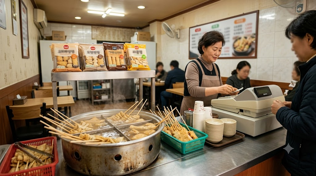 오뎅 이름 뜻 어묵 제품과 분식집 어묵꼬치가 함께 보이는 장면