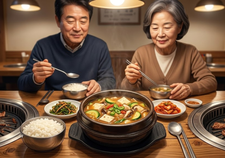 된장찌개 이름 뜻 고깃집 불판 옆에 밥과 함께 놓인 뚝배기 된장찌개