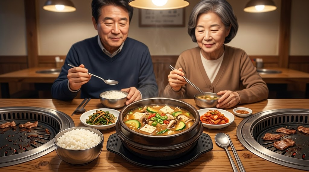 된장찌개 이름 뜻 고깃집 불판 옆에 밥과 함께 놓인 뚝배기 된장찌개