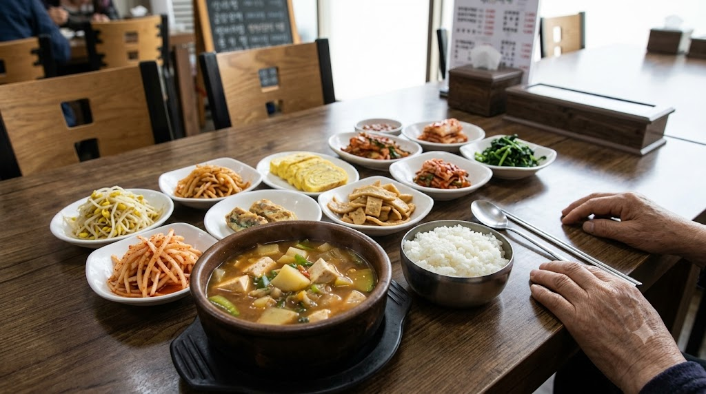 된장찌개 이름 뜻 백반집 밥상 한가운데 놓인 자작한 된장찌개