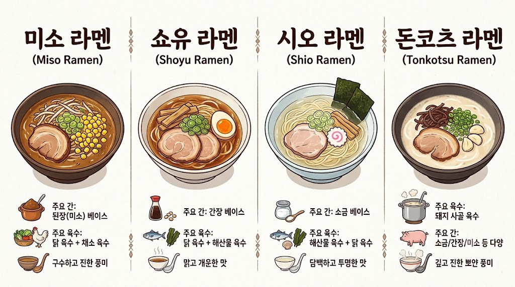 미소라멘 이름 뜻 미소 쇼유 시오 돈코츠 라멘의 국물 차이를 비교한 삽화