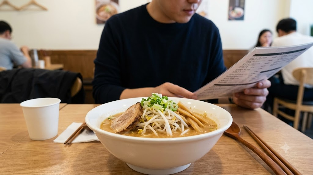 미소라멘 이름 뜻 미소라멘을 앞에 두고 메뉴 설명을 확인하는 식당 장면