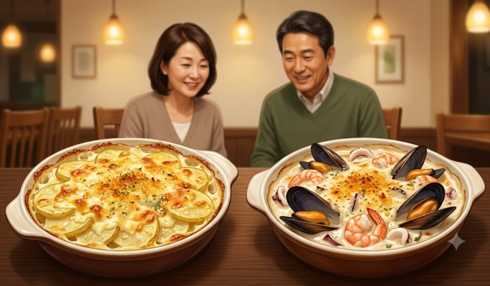 그라탱 이름 뜻 서로 다른 재료로 만든 감자 그라탱과 해산물 그라탱