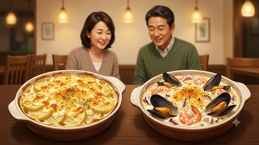 그라탱 이름 뜻 서로 다른 재료로 만든 감자 그라탱과 해산물 그라탱