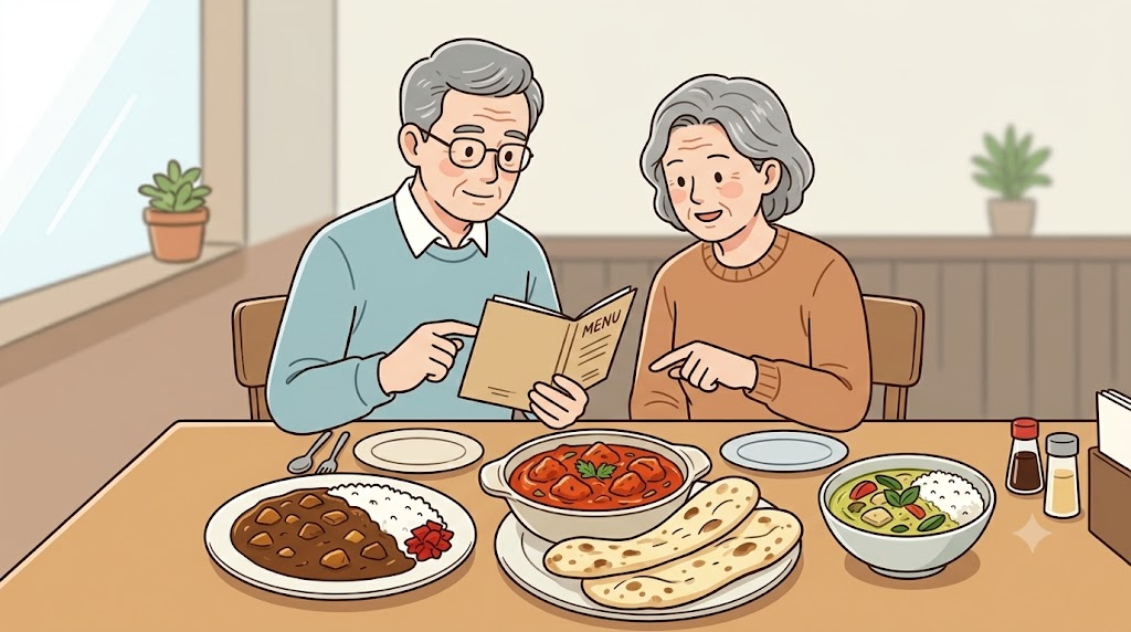카레 이름 뜻 서로 다른 카레와 커리를 비교하며 메뉴를 고르는 식당 장면