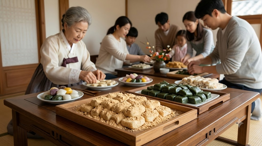 인절미 이름 뜻 명절과 잔칫상에 여러 종류의 인절미가 함께 놓인 모습