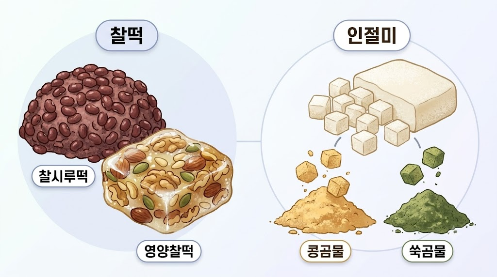 인절미 이름 뜻 여러 찰떡과 작게 잘라 고물을 묻힌 인절미의 형태를 비교한 삽화