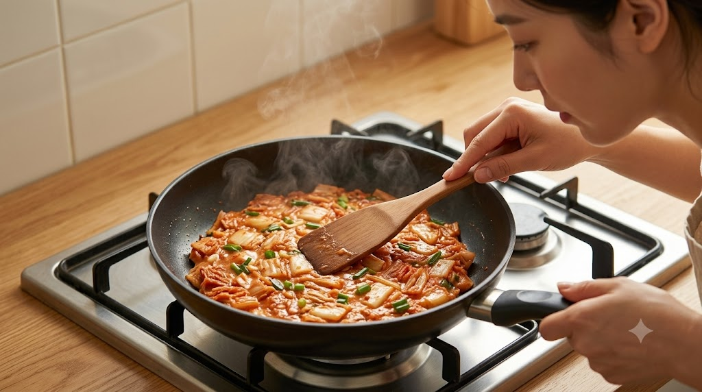 전 부침개 김치 반죽을 팬에 넓게 펼쳐 부치는 모습