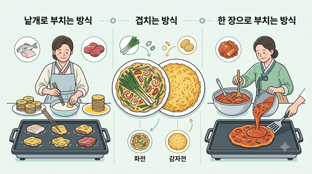 전 부침개 전과 부침개의 조리 방식과 겹치는 메뉴 비교