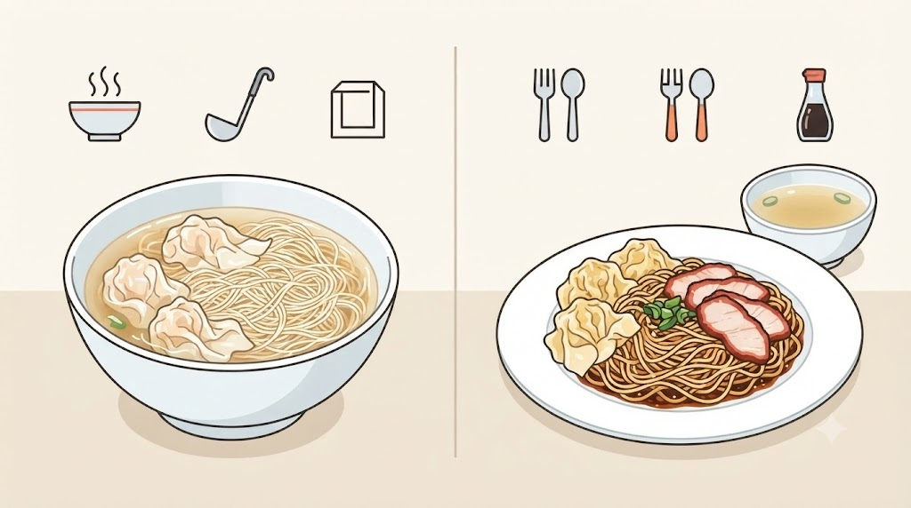 완탕면 이름 뜻 홍콩식 국물 완탕면과 동남아식 비빔 완탕면을 나란히 비교한 무문자 삽화