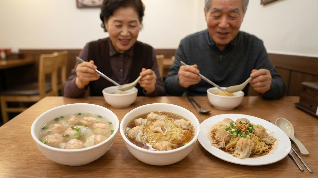 완탕면 이름 뜻 완탕과 국물 완탕면, 비빔 완탕면이 한 테이블에 놓인 비교 장면