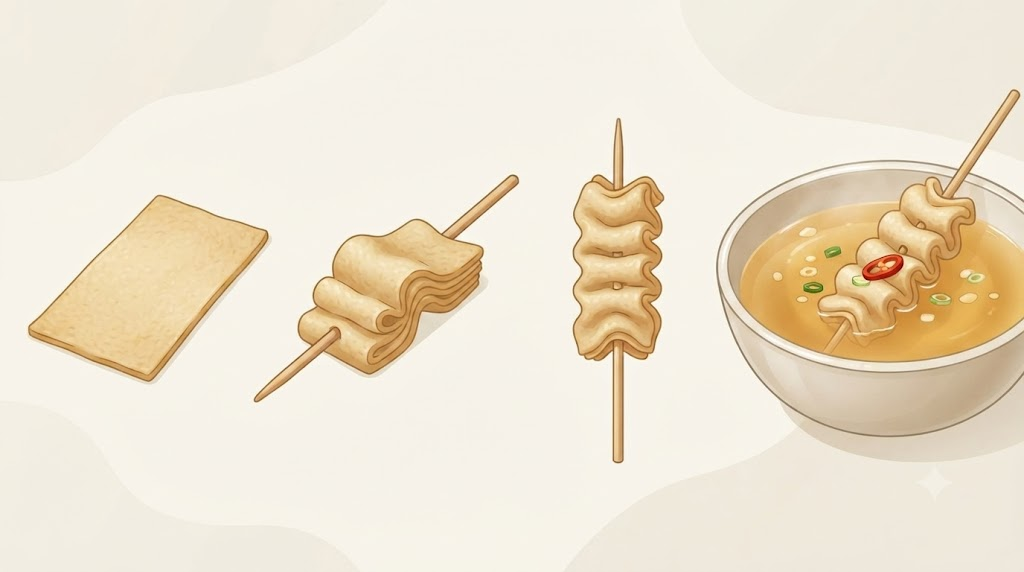 꼬치어묵 이름 뜻 납작한 어묵이 접혀 꼬치어묵이 되는 과정을 보여주는 무문자 인포그래픽