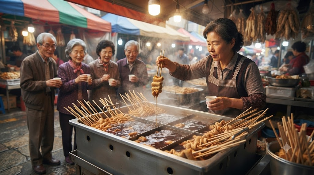 꼬치어묵 이름 뜻 시장 분식 노점에서 어묵 꼬치를 한 개씩 건져 파는 모습